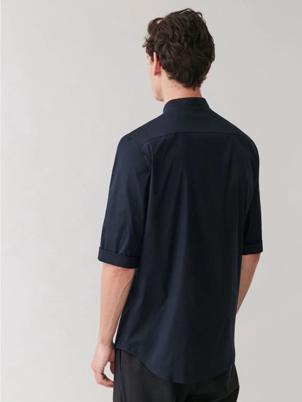 COS Navy Blue Grandad Collar Shirt Cotton Poplin Band Mandarin Collar Top Sz L - Picture 2 of 12